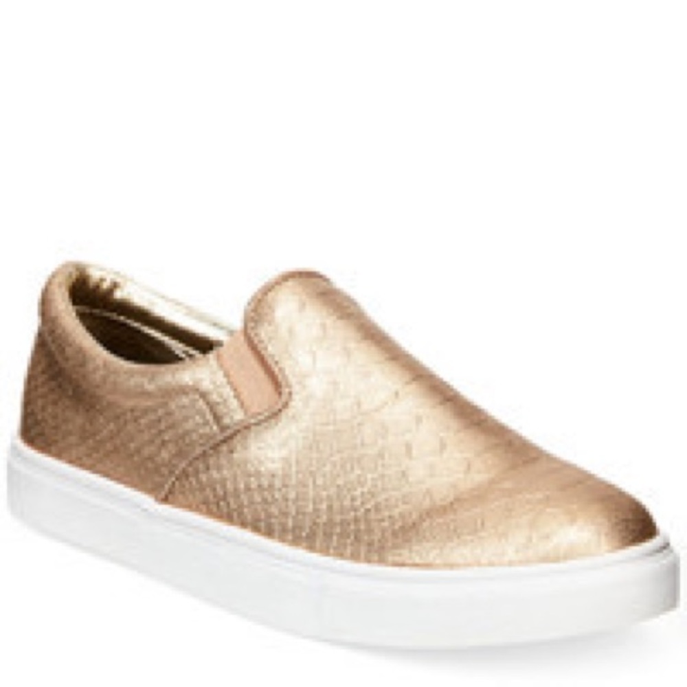 gold metallic crocodile slip on sneakers
